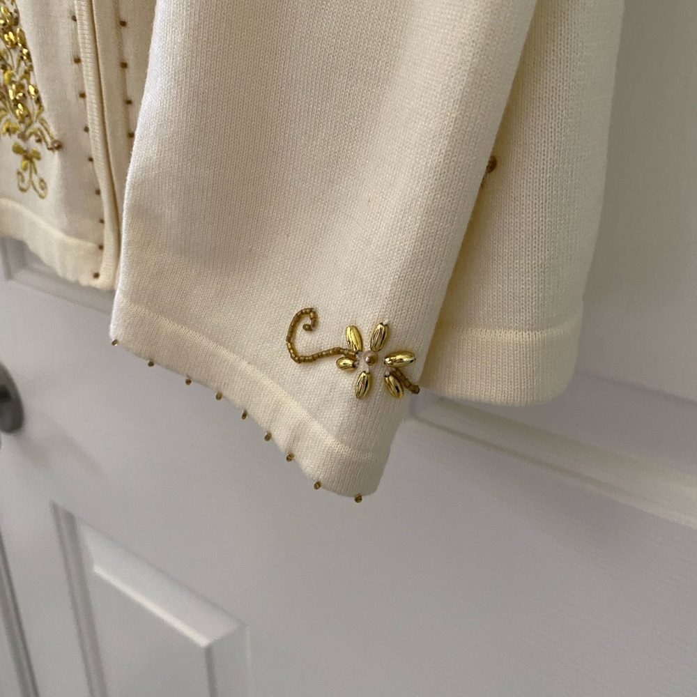 Elegant Cream and Gold Christmas Holiday Women's Sweater with Feather Trim - Picture 7 of 17